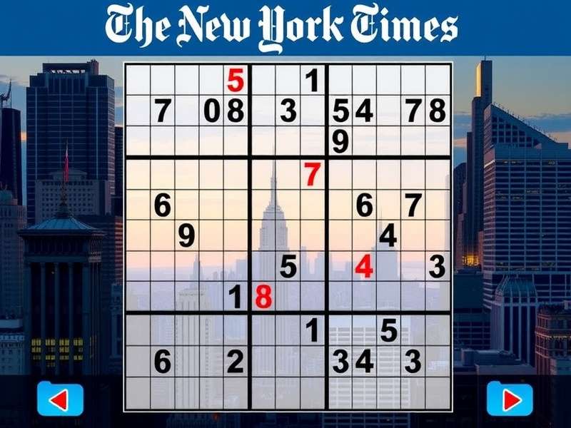 A hand holding a pen over a challenging New York Times Sudoku puzzle grid